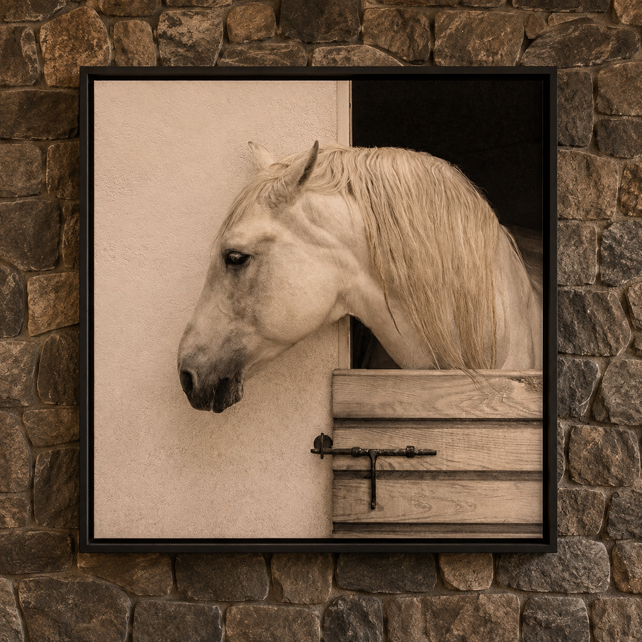 A framed wall art print showing a pale horse peeking out from a wooden stable door, mounted on a rustic stone wall.