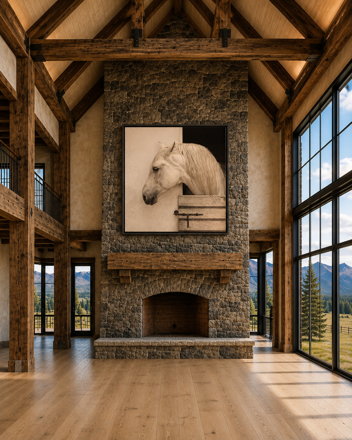 Stabled White Horse Canvas Art displayed above a stone fireplace in a luxury mountain lodge.