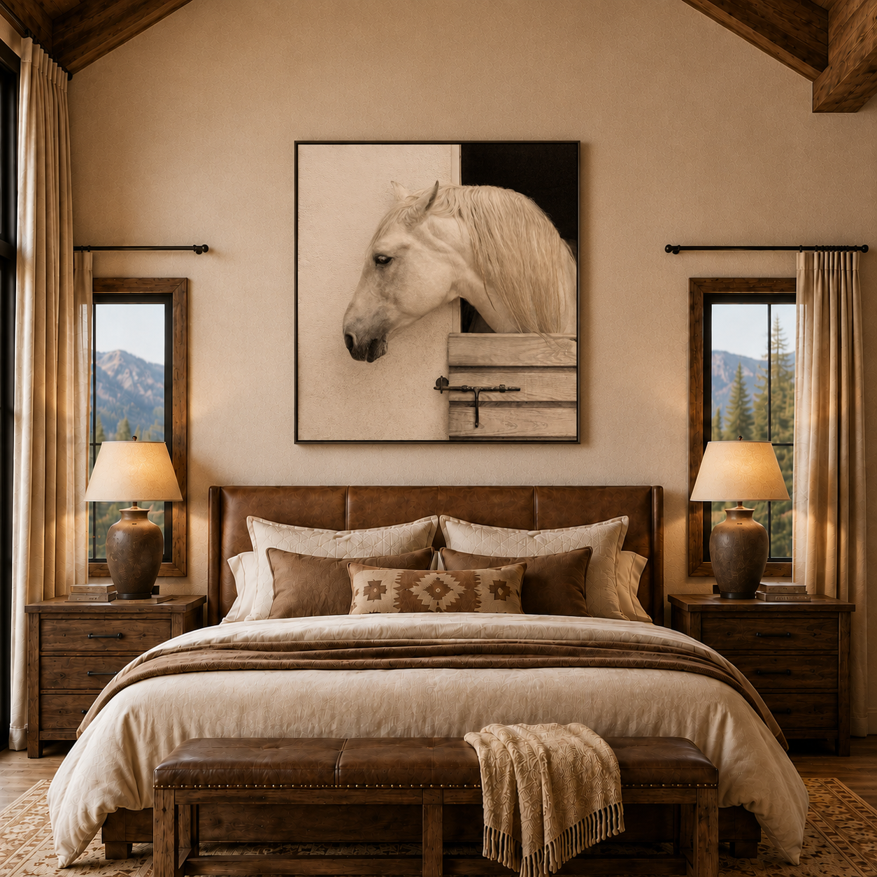 A rustic mountain-view bedroom with a large framed horse portrait centered above the bed. The room has warm beige walls, two matching nightstands with lit lamps, curtains, a bench at the foot of the bed, and mountain scenery visible through the windows.