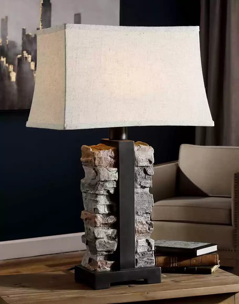 Stacked Stone Table Lamp with indoor/outdoor linen lamp shade - Your Western Decor