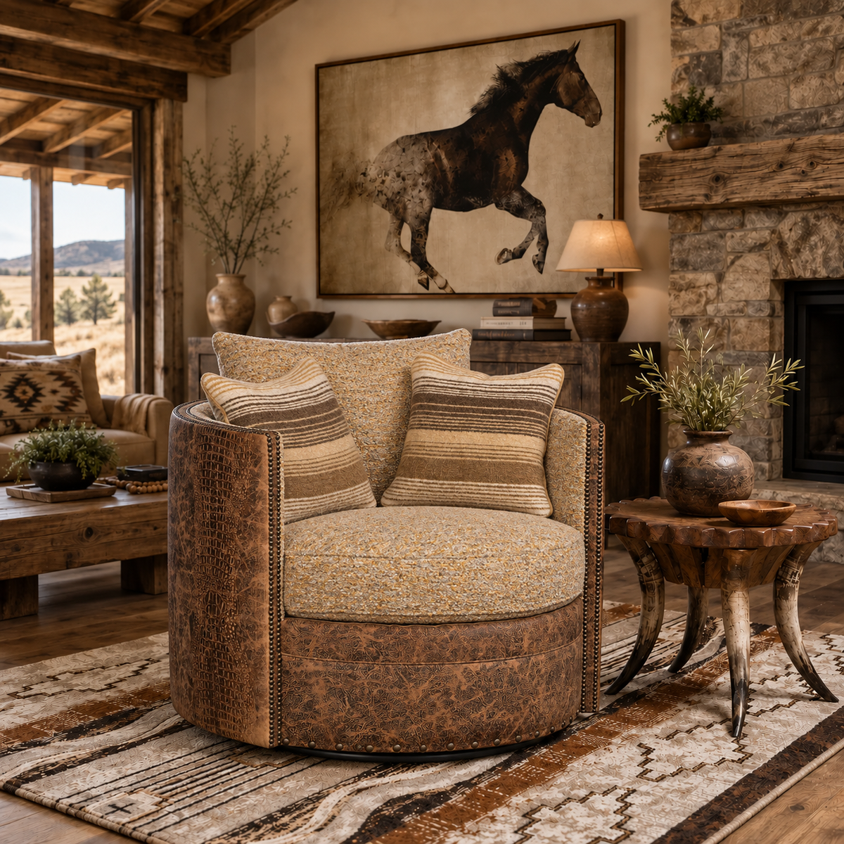 Carter croc leather and fabric barrel swivel chair in rustic elegant room with horse art and area rug