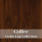 Close-up of a wooden log with 'Coffee Cedar Log Collection' text overlay - Your Western Decor