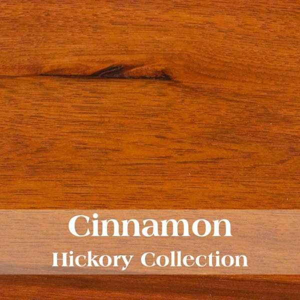 Close-up of wooden surface with 'Cinnamon Hickory Collection' text