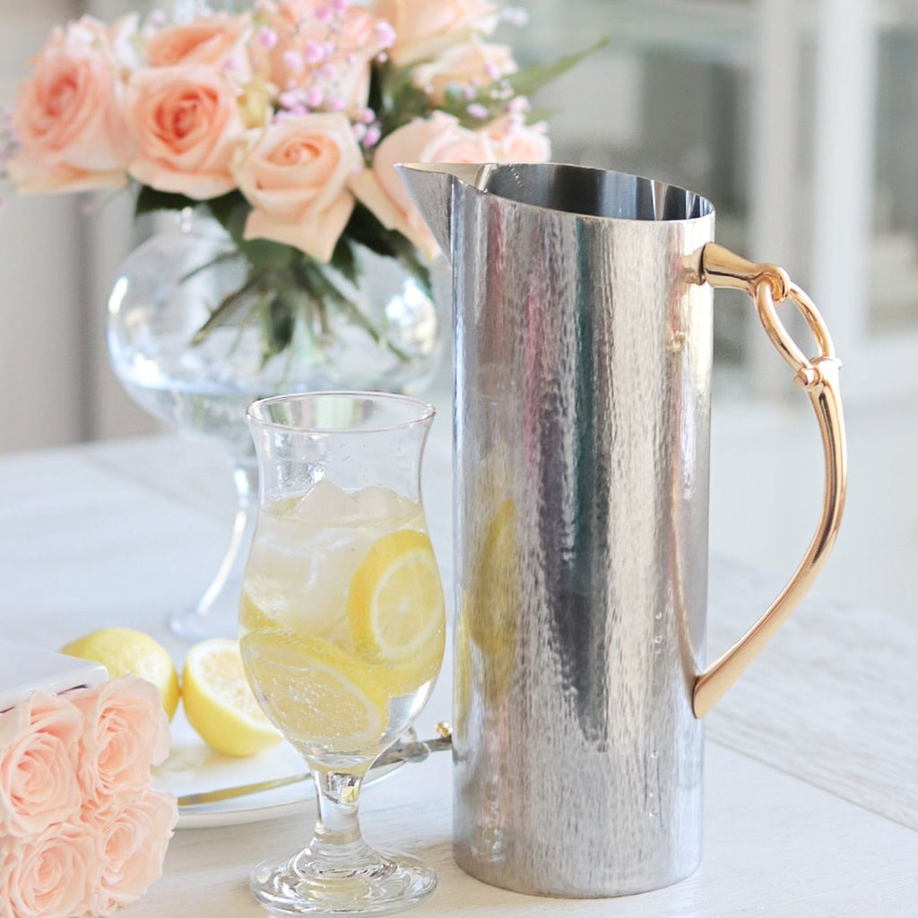 Brushed stainless steel pitcher with gold snaffle bit handle - Your Western Decor