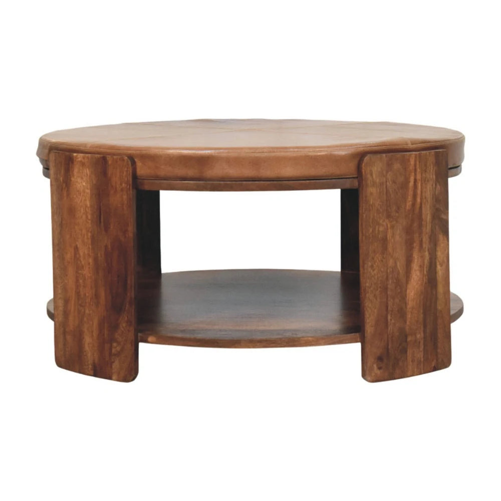 round wood cocktail table with leather top 