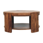 round wood cocktail table with leather top 