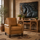 Lone Stallion 3D wall sculpture with camel leather accent chair