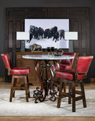 Western bar setting with stamped red leather stools made in the USA - Your Western Decor