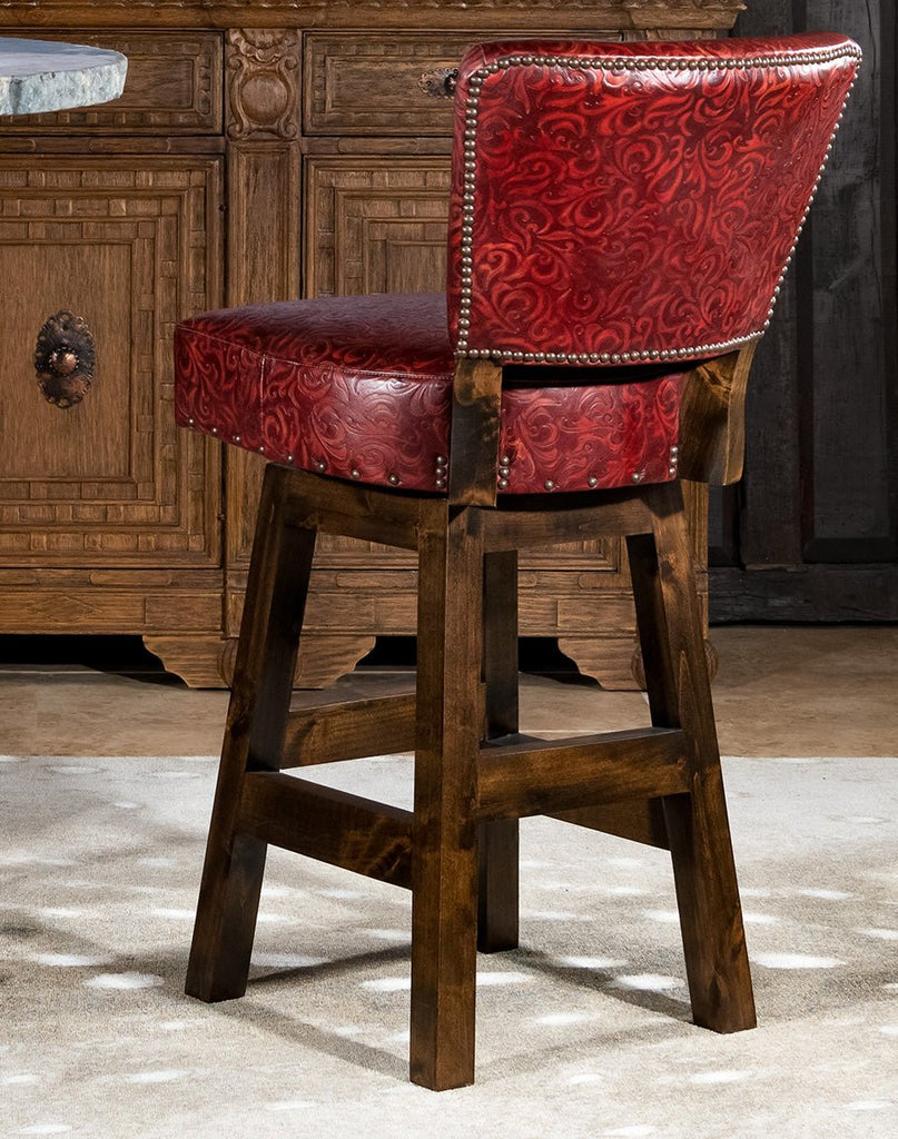 Stamped Red Leather Western Counter Stool back - made in the USA - Your Western Decor