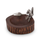 Wooden tray with a metal squirrel and acorn decoration on a white background - Your Western Decor