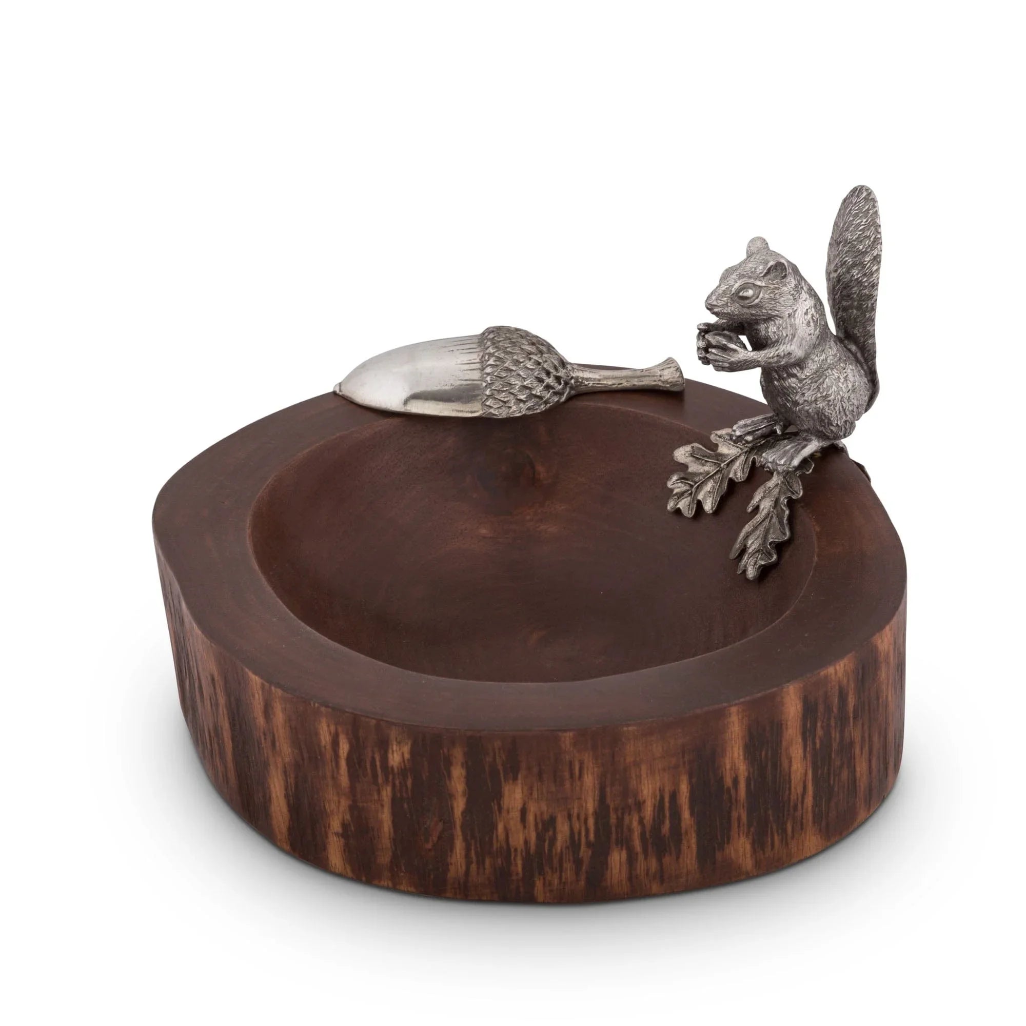 Wooden tray with a metal squirrel and acorn decoration on a white background - Your Western Decor