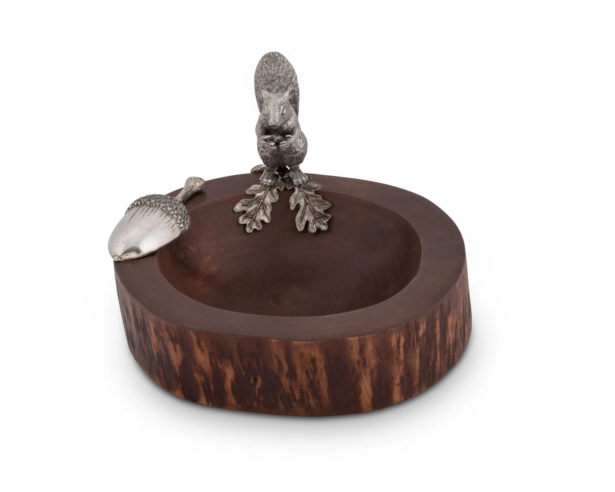 Decorative wooden bowl with metal bird and acorn figurines on a white background - Your Western Decor