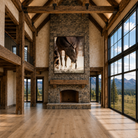 Starzie horse canvas artwork displayed above a stone fireplace in a luxury mountain lodge.