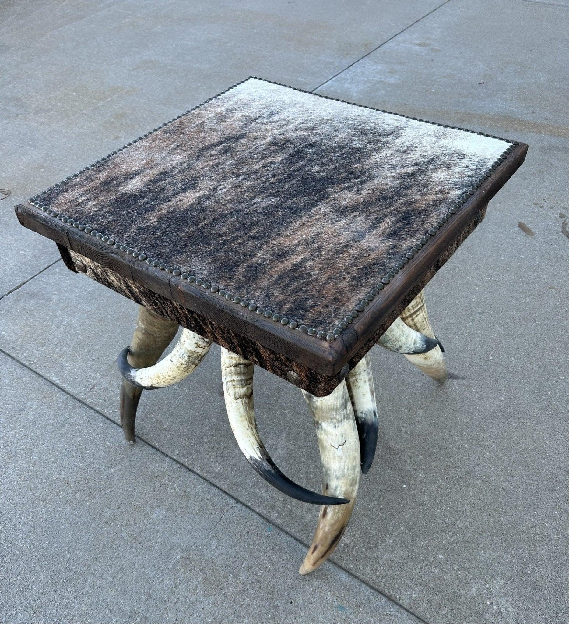 Steer horn and cowhide western side table 