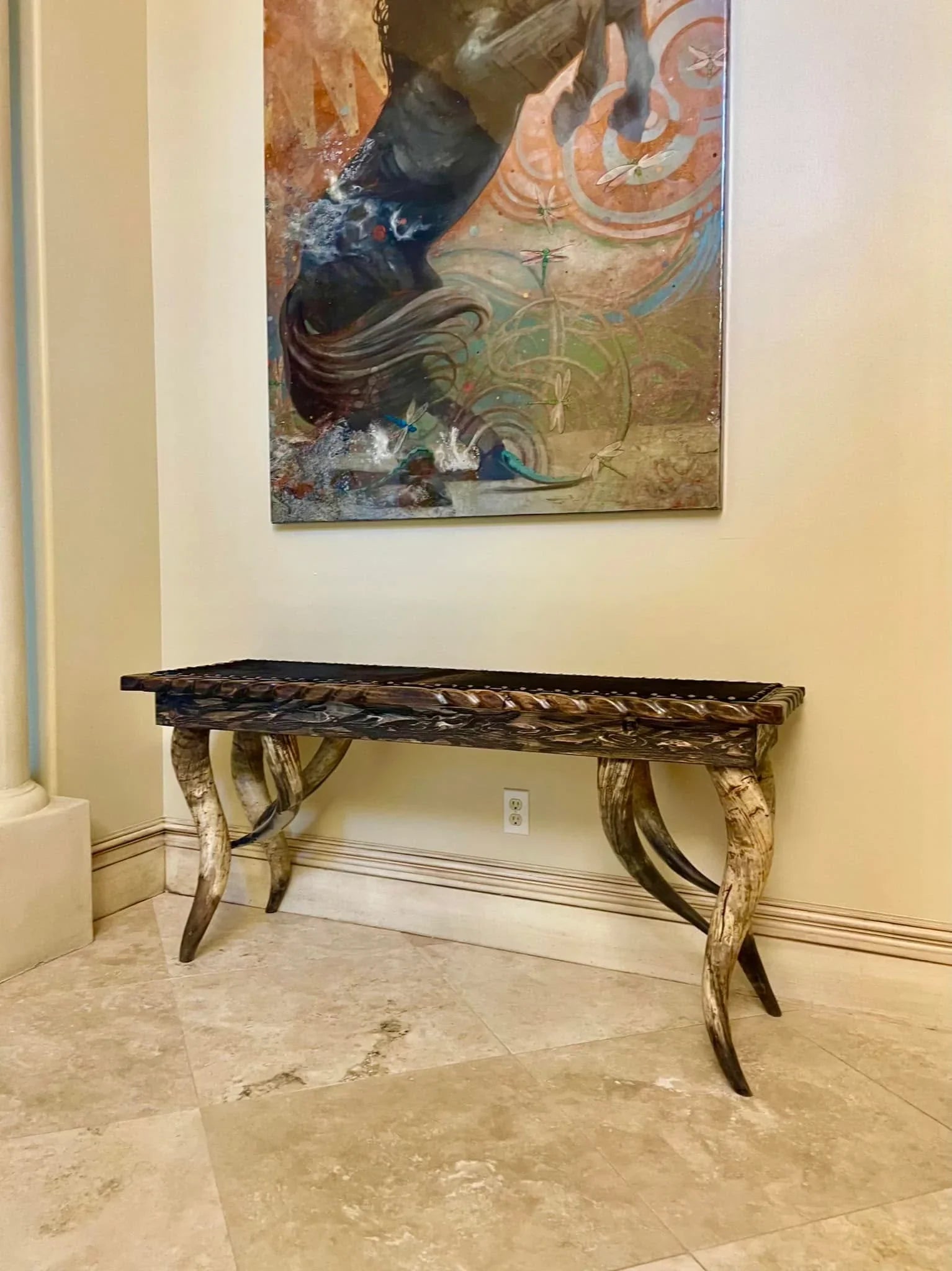 Western sofa table with authentic horn legs and rustic handcrafted details