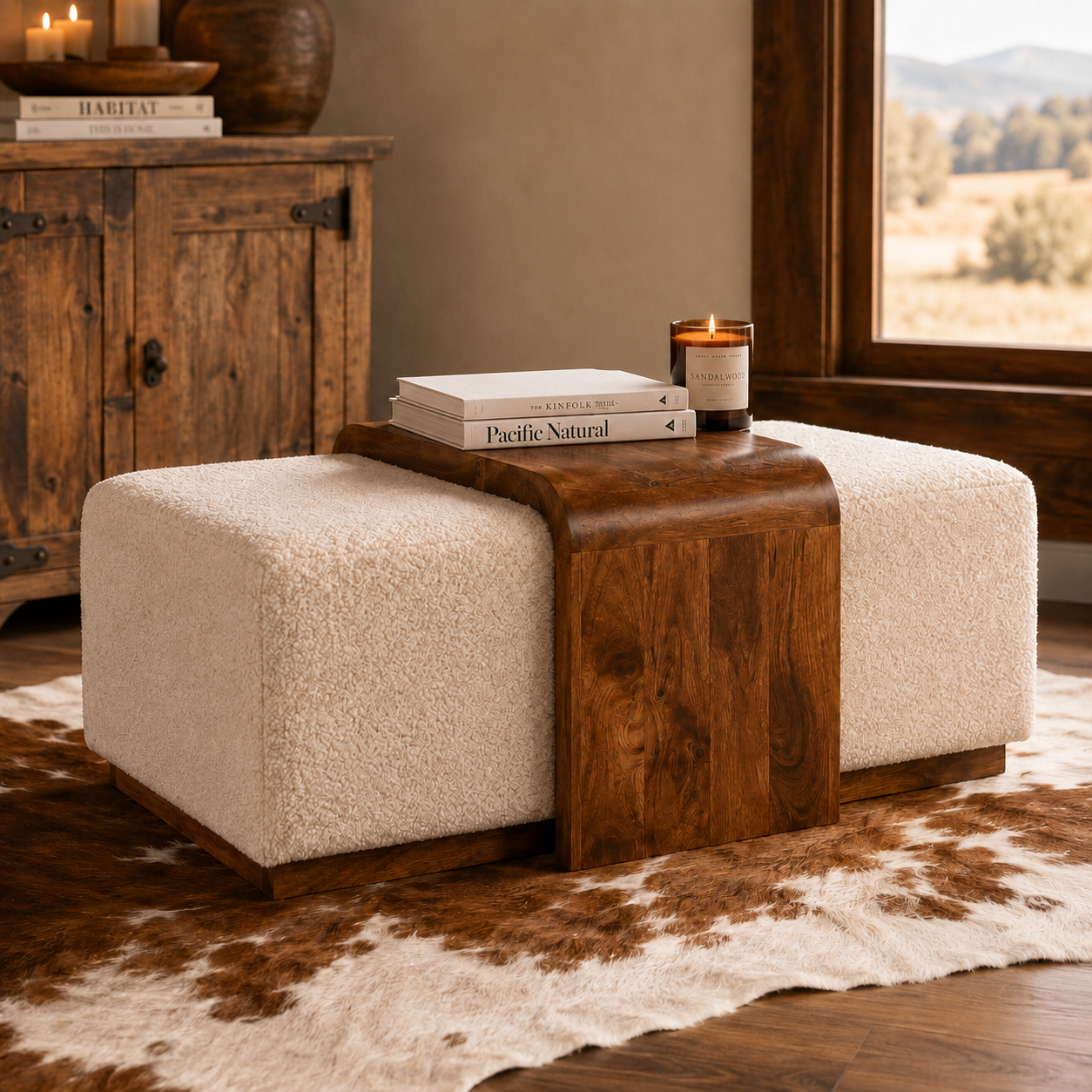 Luxury ranch living room featuring the Stella Bouclé Cocktail Ottoman with cream bouclé upholstery and warm mango wood accents.