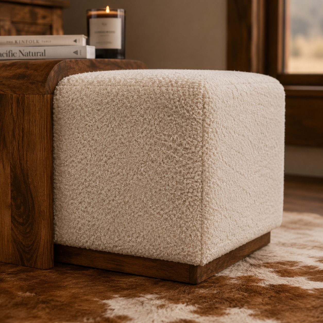 Stella Bouclé Cocktail Ottoman with solid mango wood tabletop in a luxury ranch living room.