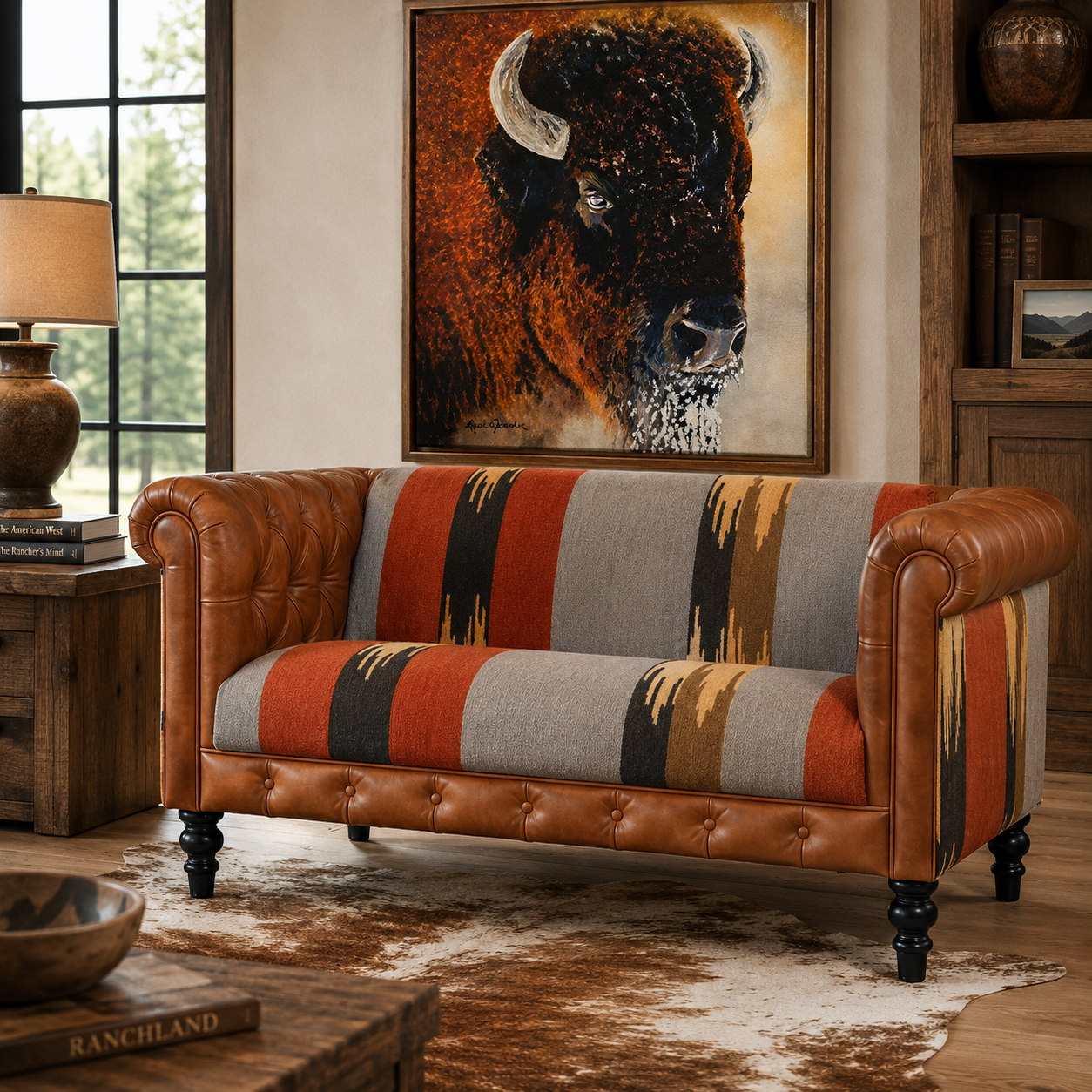Southwestern dhurrie fabric and buffalo leather chesterfield loveseat with snow tee buffalo canvas art