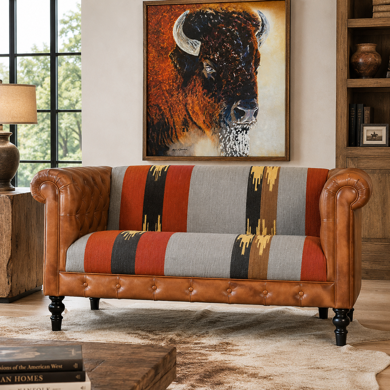 Southwestern dhurrie and buffalo leather handcrafted loveseat with tufting and snow tee buffalo canvas art