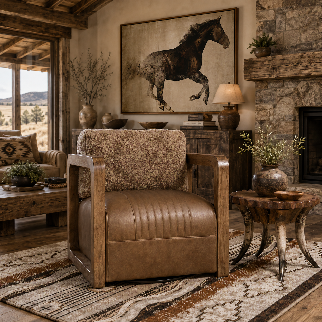 Stella swivel chair with channeled leather seat and shearling wool back. Shown with Barton Beige Rug, Steer Horn Custom Side Table, and Running Brave Framed Horse Art 