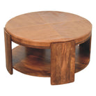Round wood coffee table with brown leather top 
