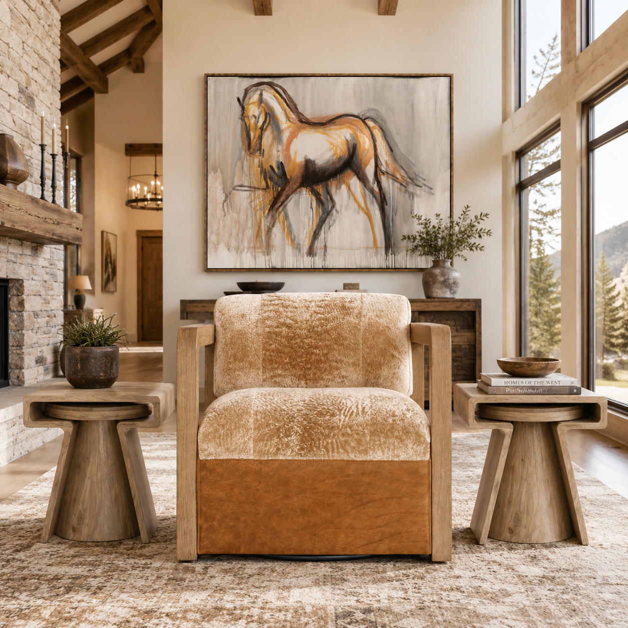 Modern ranch living room with The Dance Canvas Horse Art, nesting side tables, and Stella Bexley Burnished Leather and Shearling Swivel Chair 