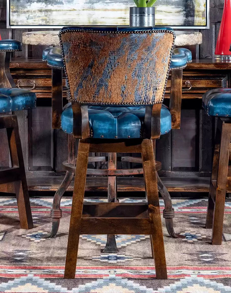 100% American made Stillwater Blue Leather Bar Chairs - Your Western Decor