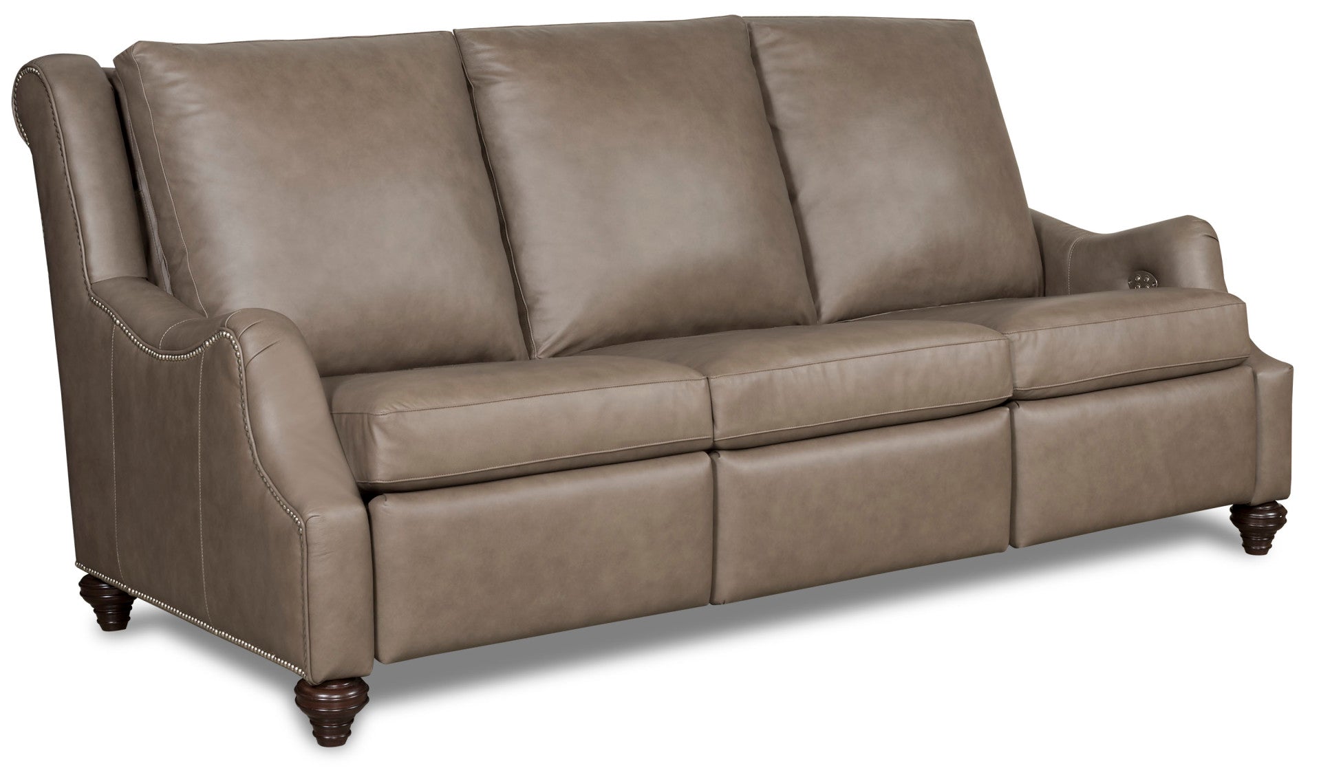 Transitional leather reclining sofa with nailhead trim accents
