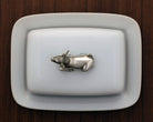 White stoneware large butter dish with pewter cow - Your Western Decor