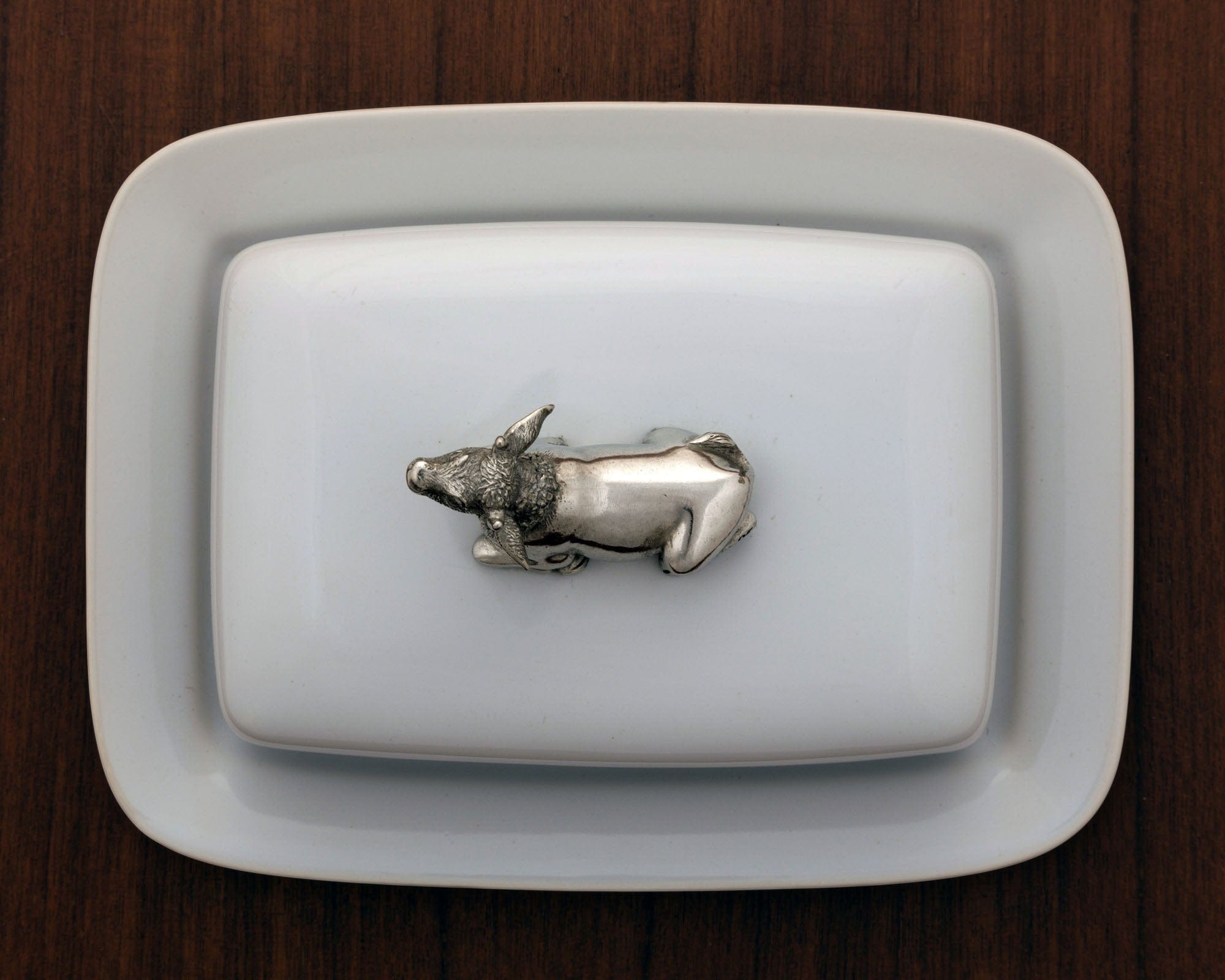 White stoneware large butter dish with pewter cow - Your Western Decor