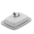 White stoneware large butter dish with pewter cow - Your Western Decor