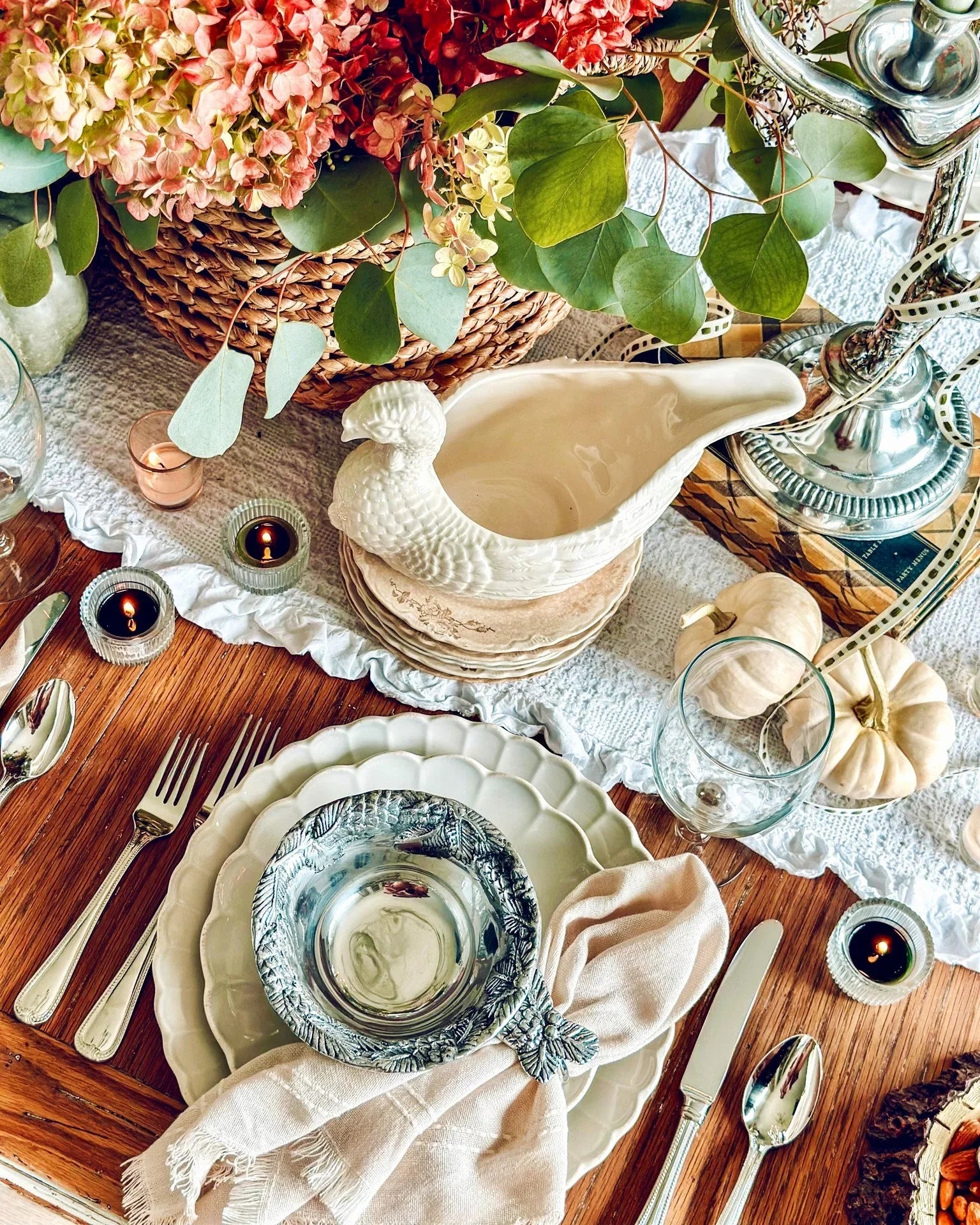 Stoneware turkey shaped gravy boat on festive table setting - Your Western Decor