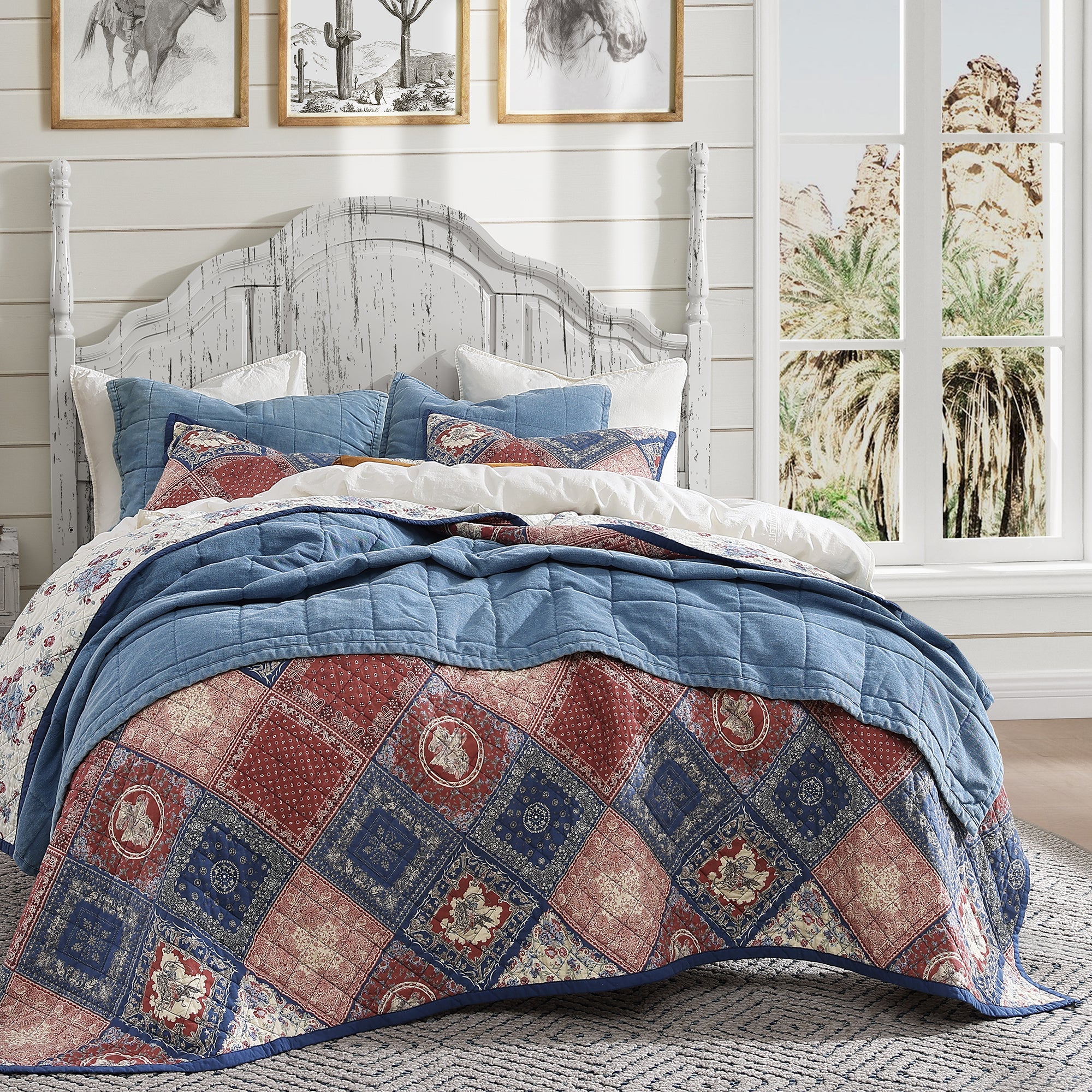 Bedding is stonewashed denim quilt set with Canyon Bandana Patchwork Quit Set