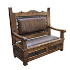 Western tooled leather bench with storage for ranch and lodge interiors