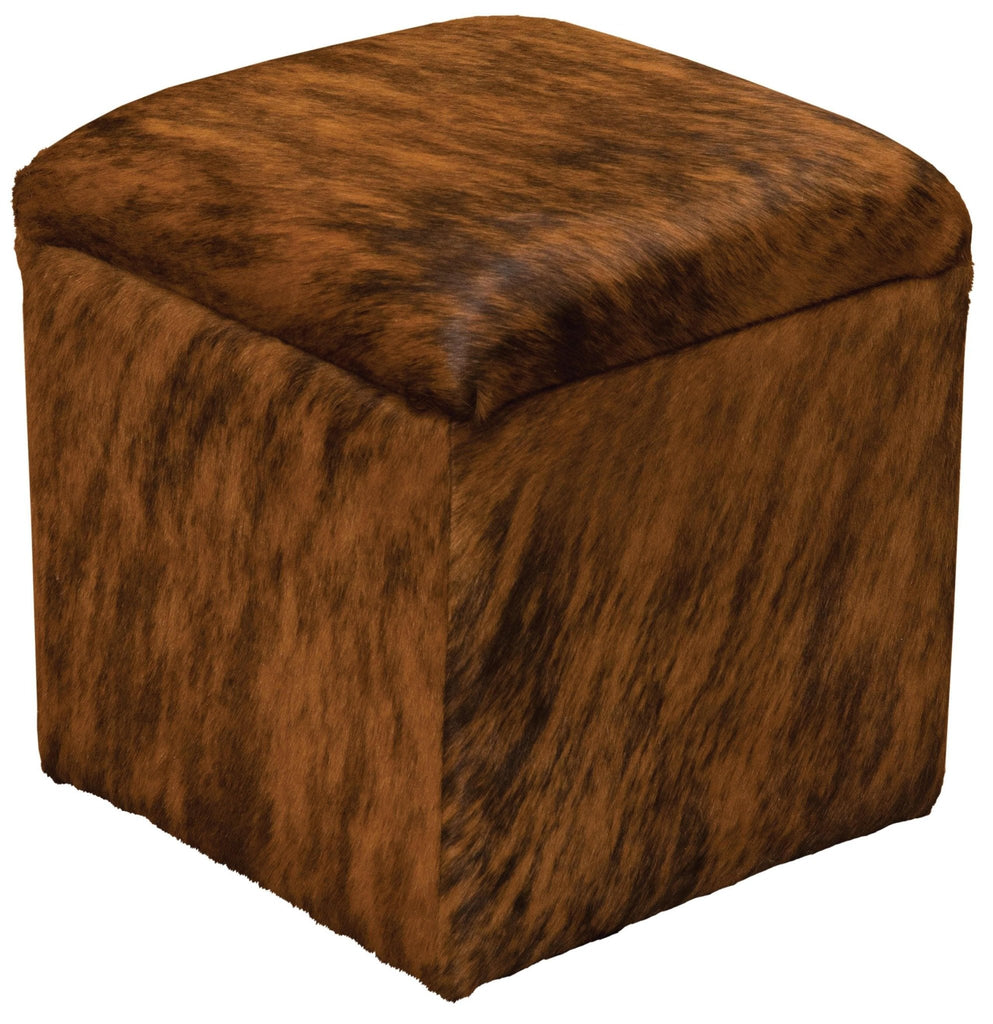 Brindle cowhide upholstered storage cube. Made in the USA. Your Western Decor