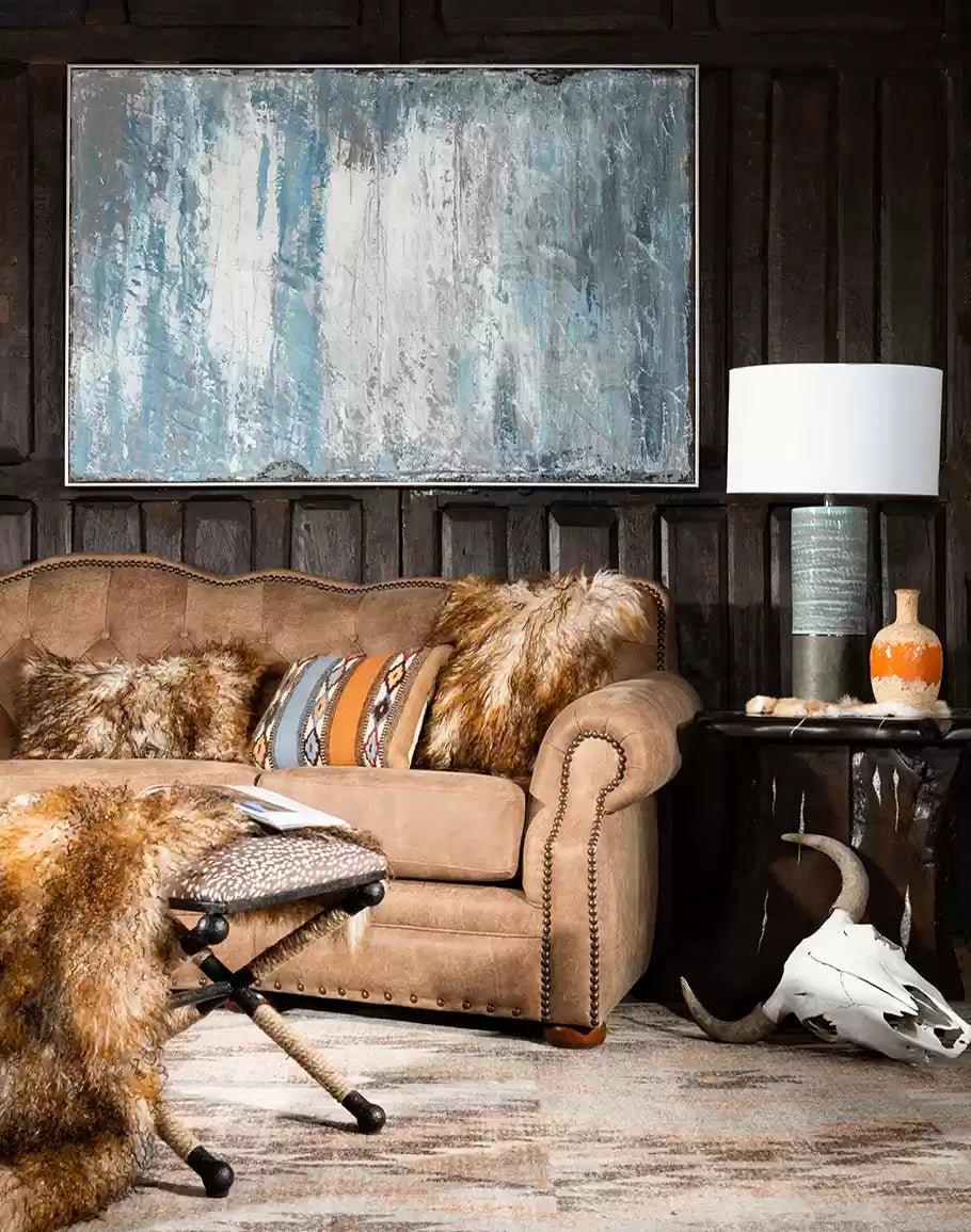 American made Suela Conversational Tufted Leather Sofa in Living Room Setting - Your Western Decor