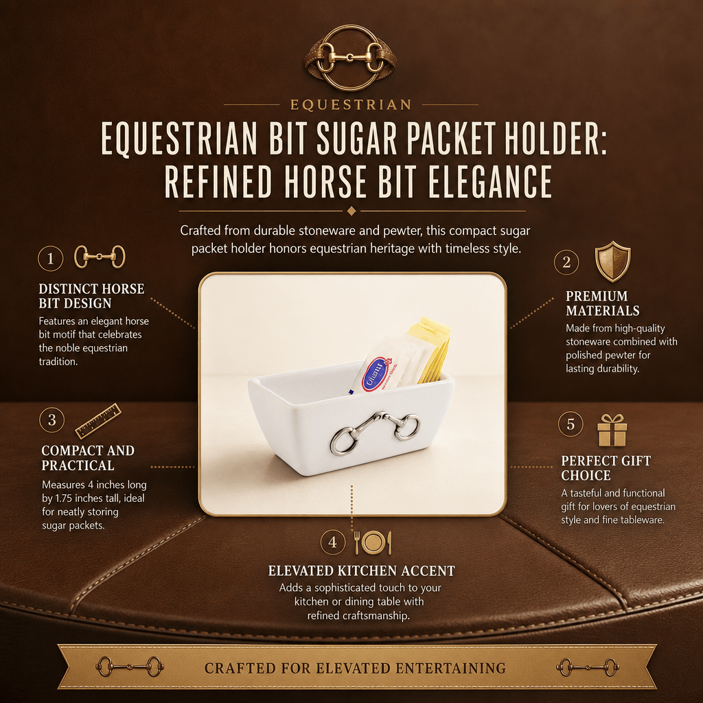 Equestrian bit sugar packet holder in a white ceramic bowl with two horse bits, shown on a brown promotional infographic with text callouts and equestrian-themed design elements.