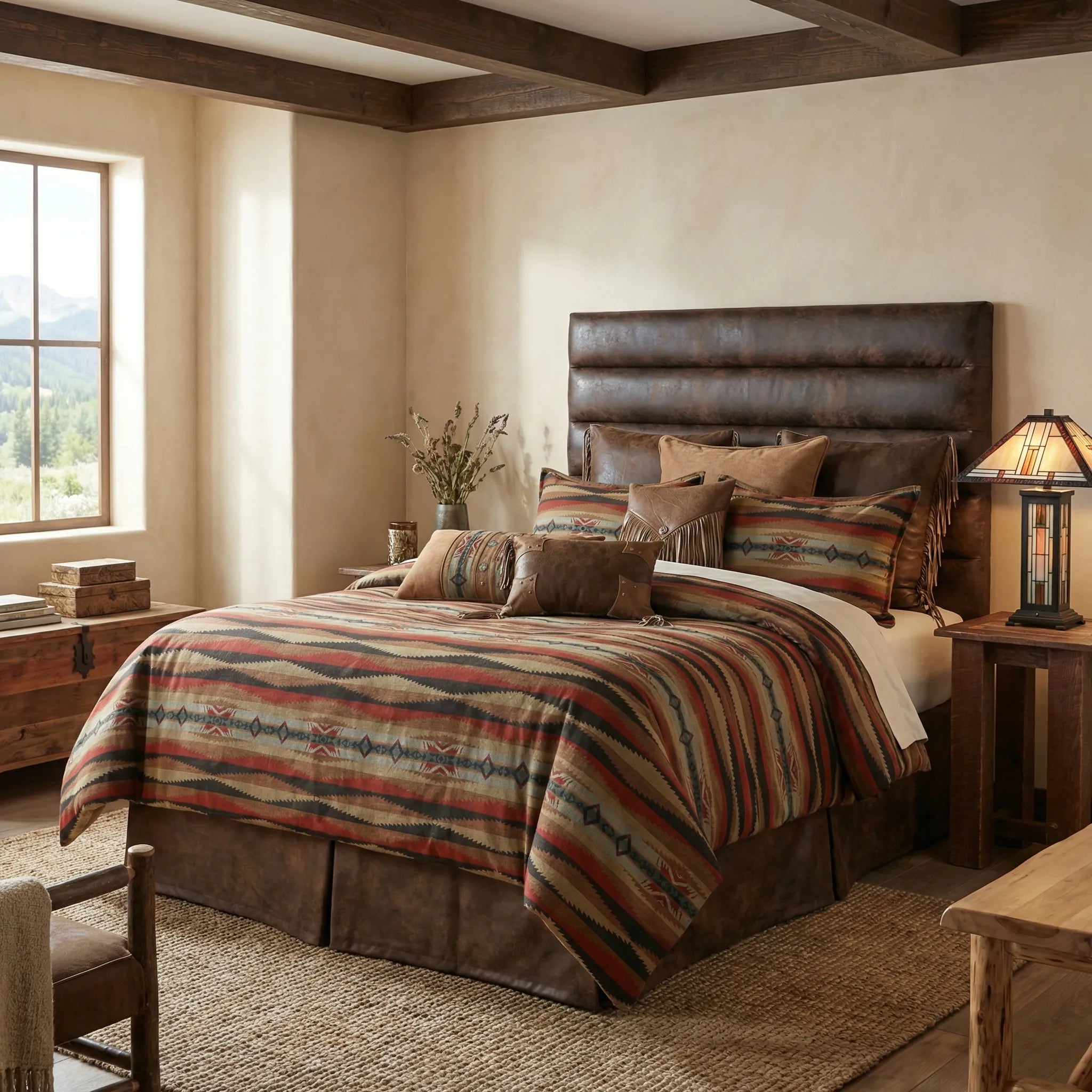 Sunset Canyon Southwestern Bedding on leather headboard bed 