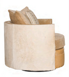 Sive view of swivel chair with ivory cowhide outside upholstery 