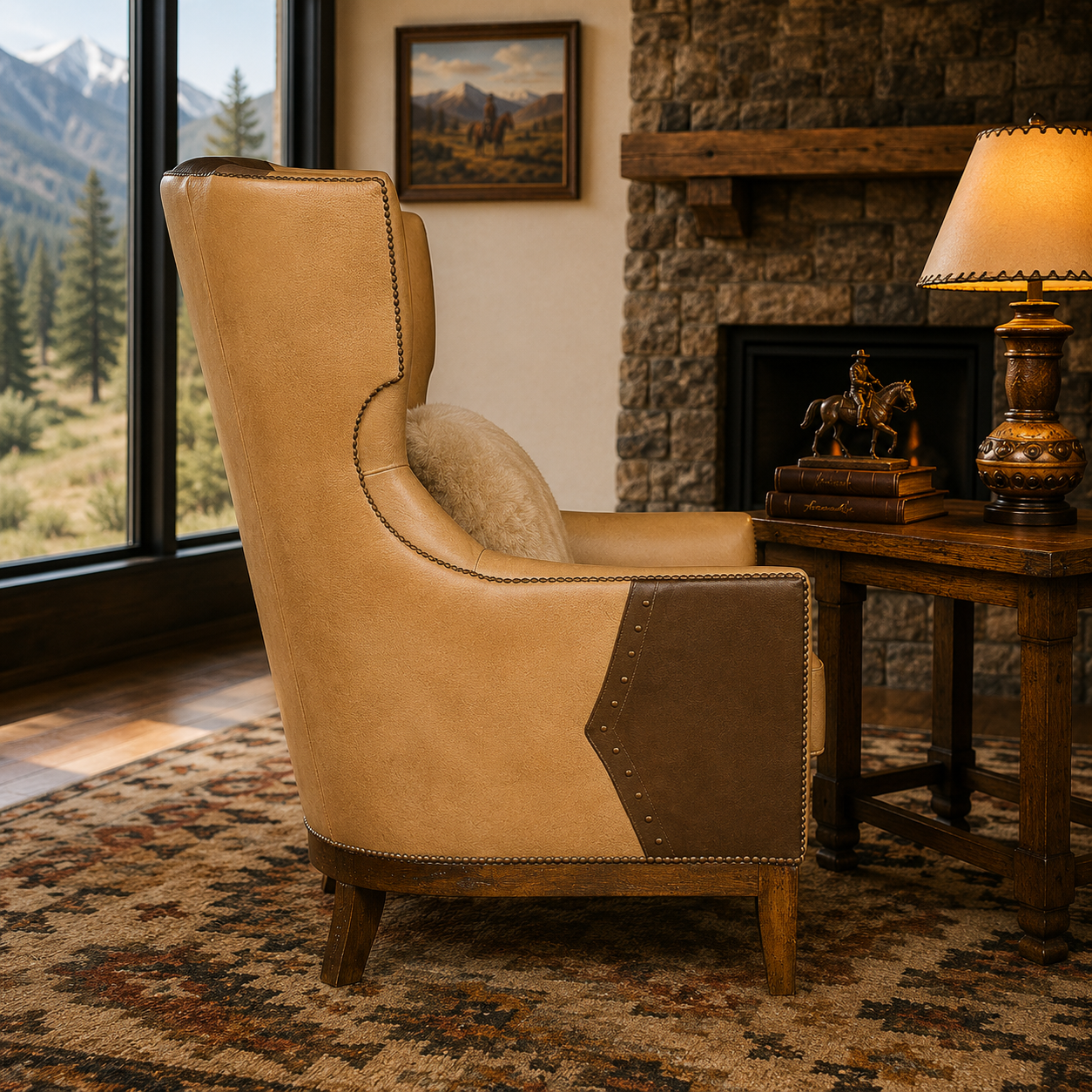 Side view of custom made leather Sydnee wingback chair 