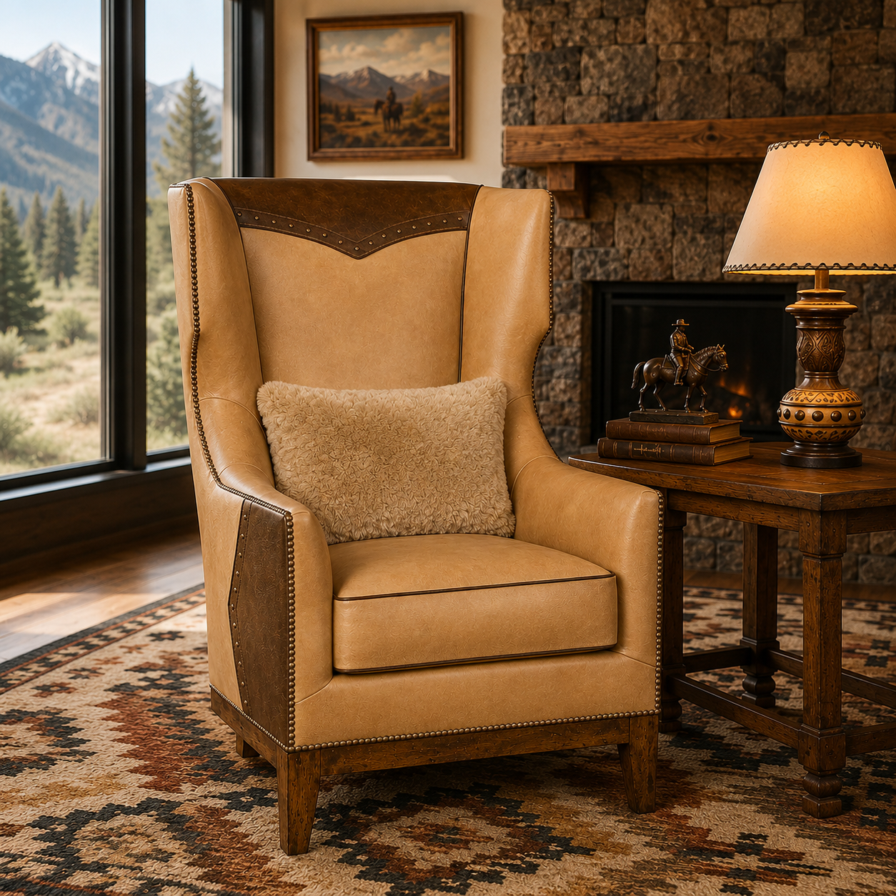 Custom leather wingback chair in light brown leather with dark brown leather accents and nail trim 