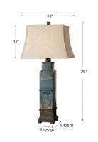 Distressed blue glazed ceramic table lamp with slubbed linen shade - Your Western Decor