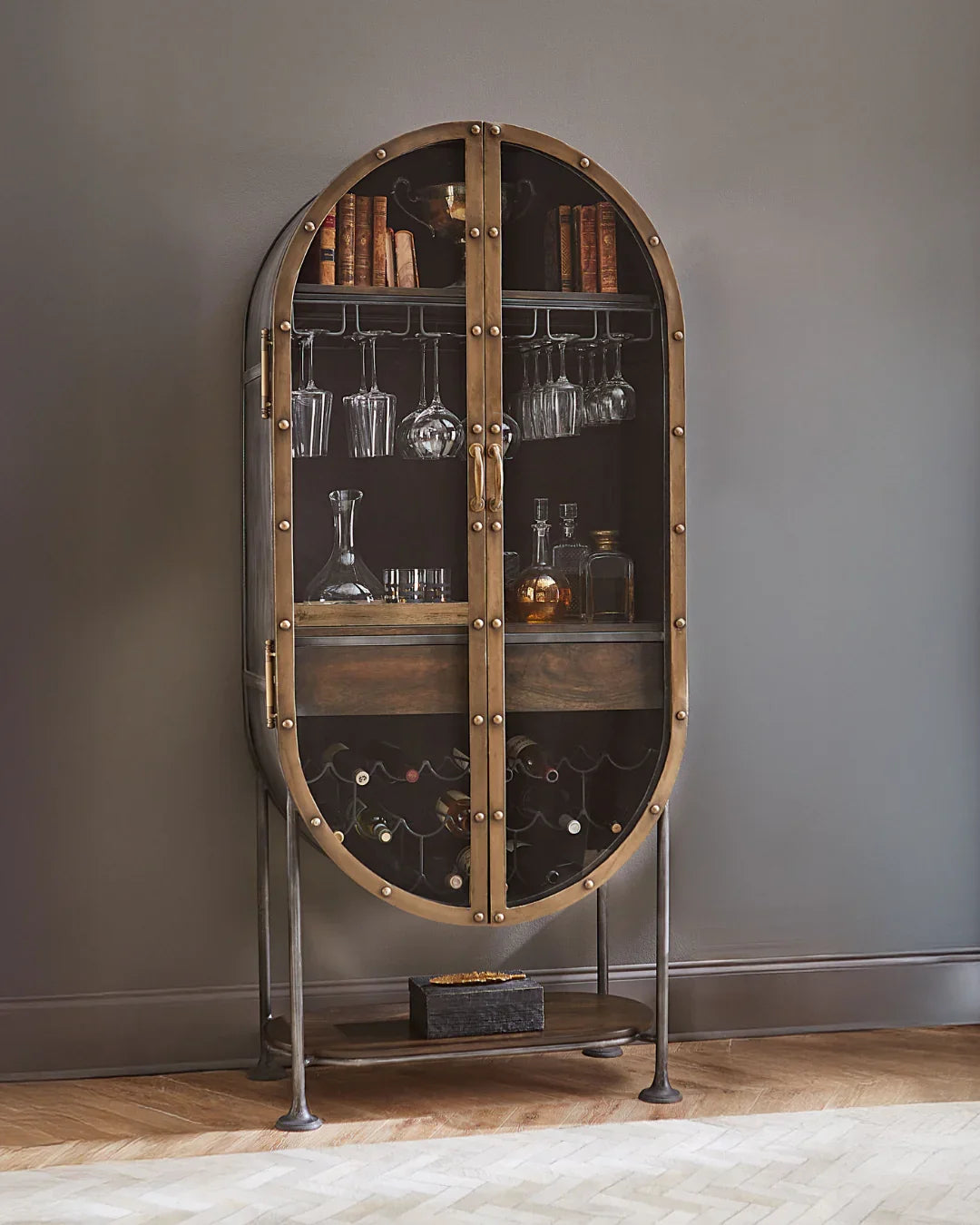 Tall oval industrial bar cabinet - Your Western Decor