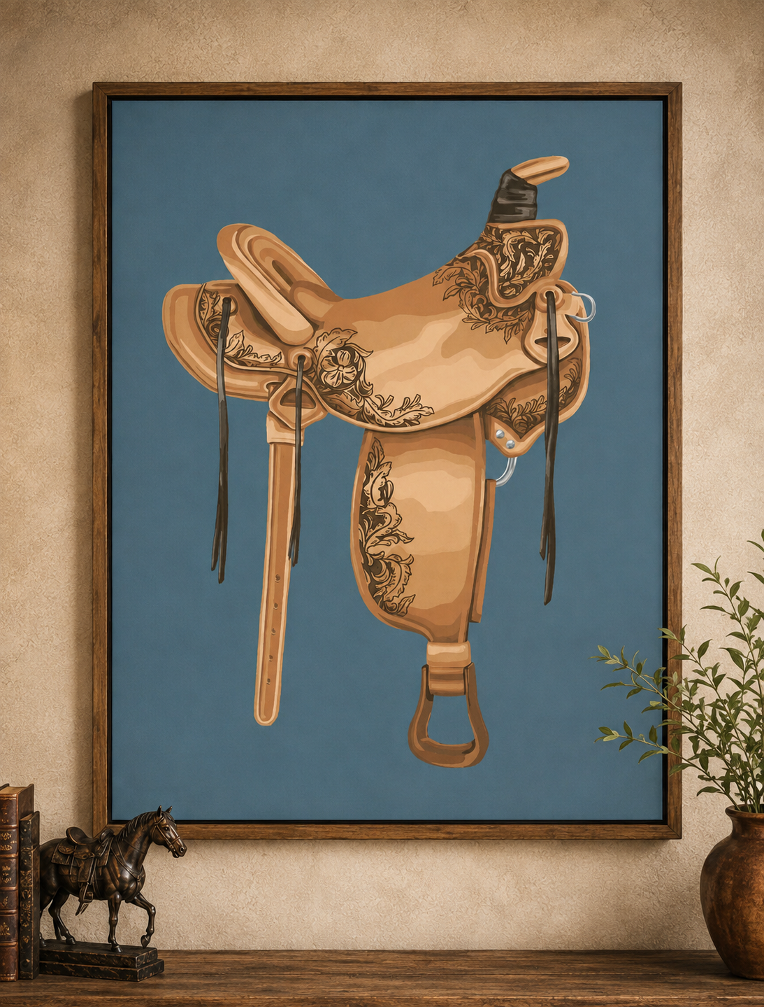 A framed art print featuring a detailed illustration of a tan leather western saddle with floral engravings, set against a muted blue background. The print is displayed on a textured beige wall above a wooden shelf, flanked by a small bronze horse figurine on the left and a potted plant on the right.