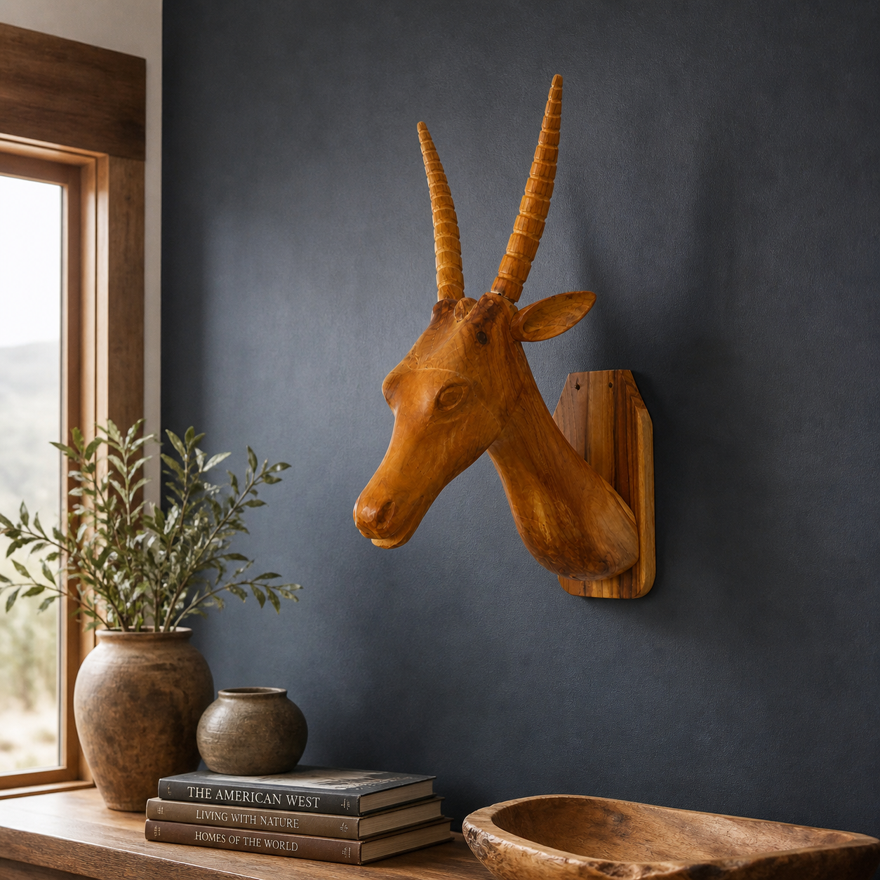 teak wall sculpture antelope head carved wood wall decor