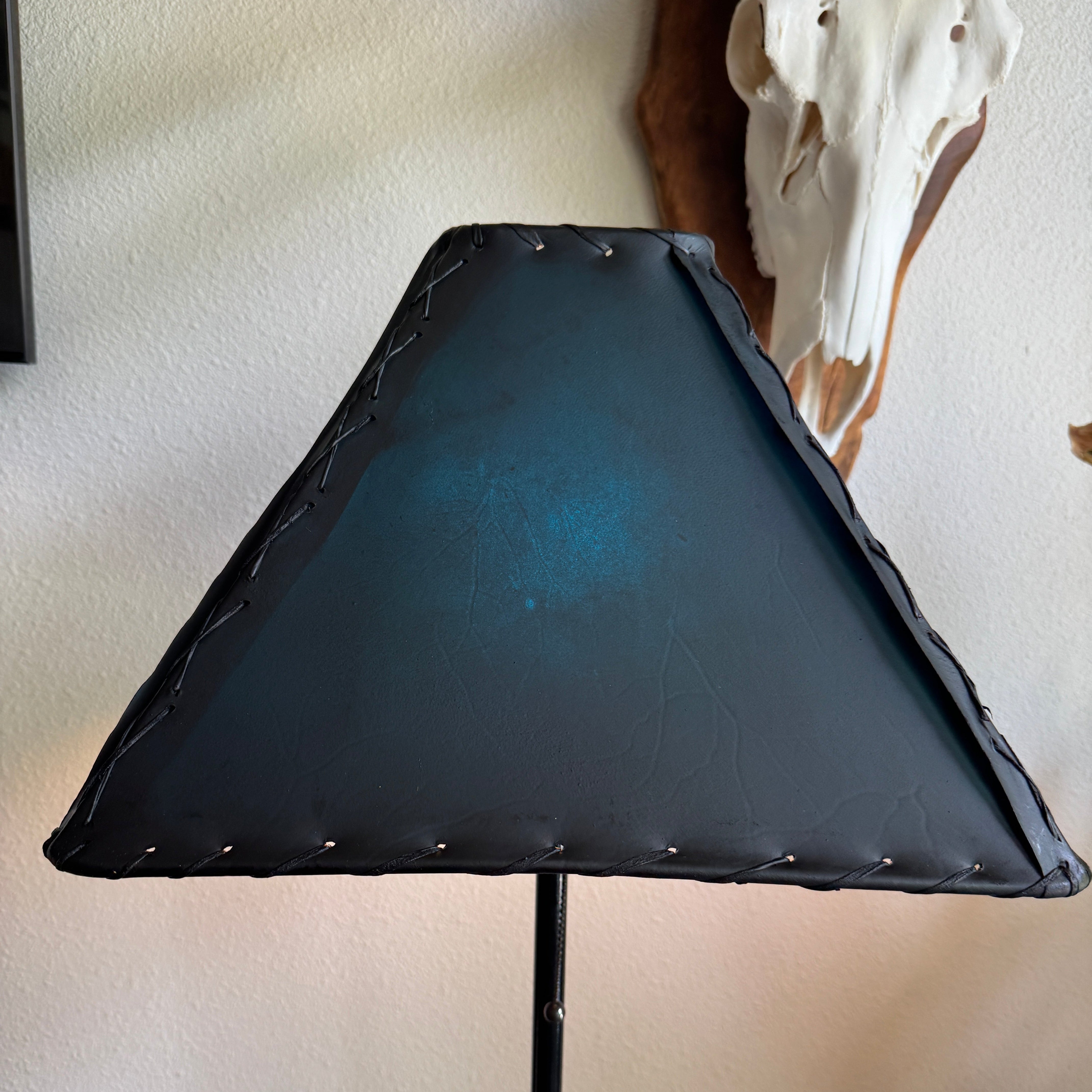 Square teal turquoise rawhide lamp shade light on