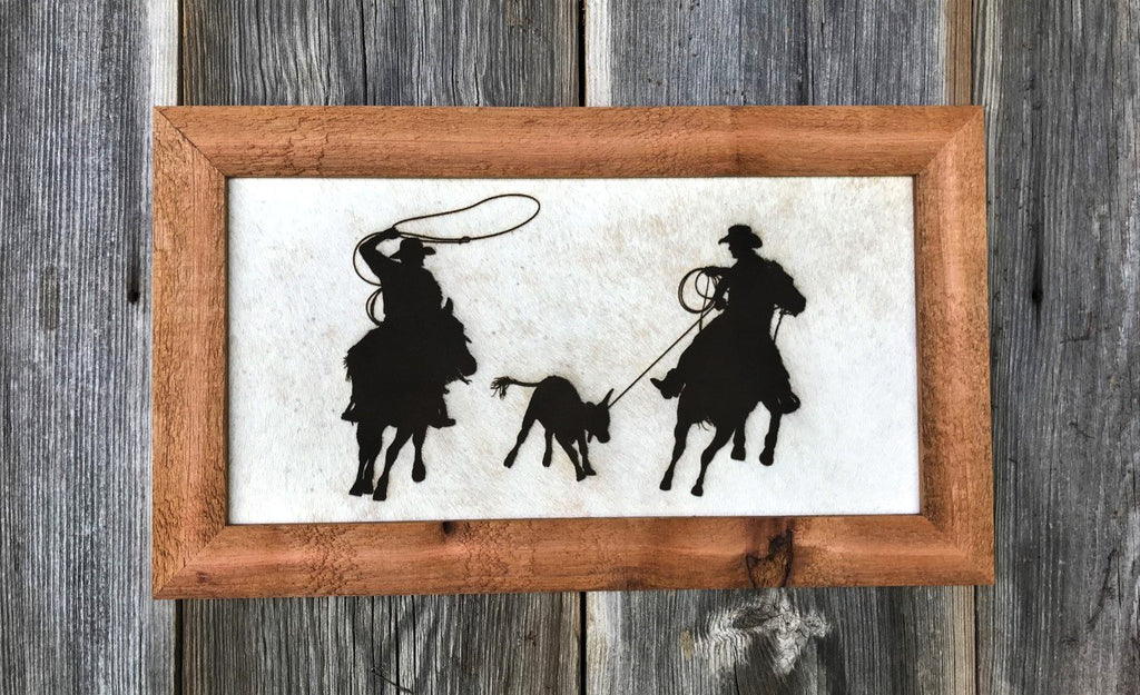 team roping laser branded cowhide wall art made in the USA - Your Western Decor