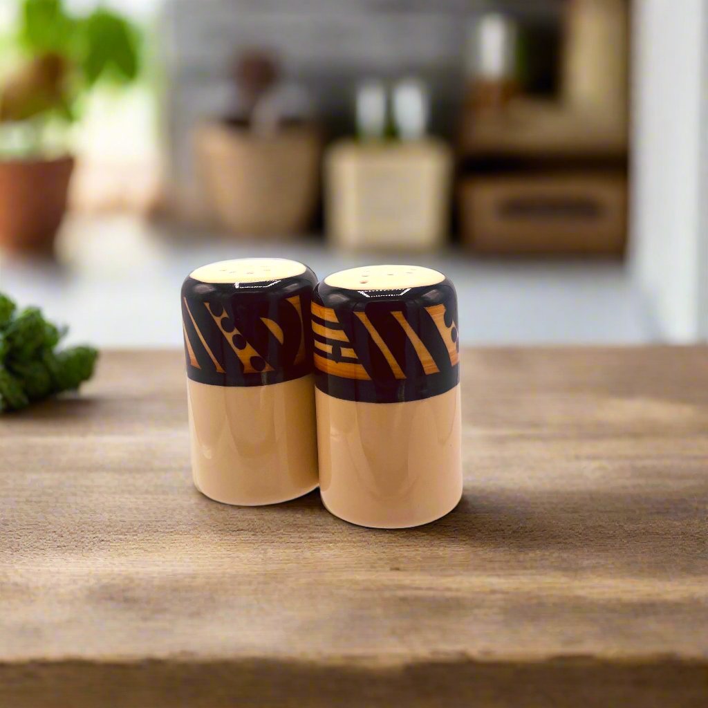 Hand painted, terracotta, black, beige Tapa salt and pepper shakers made in the USA - Your Western Decor