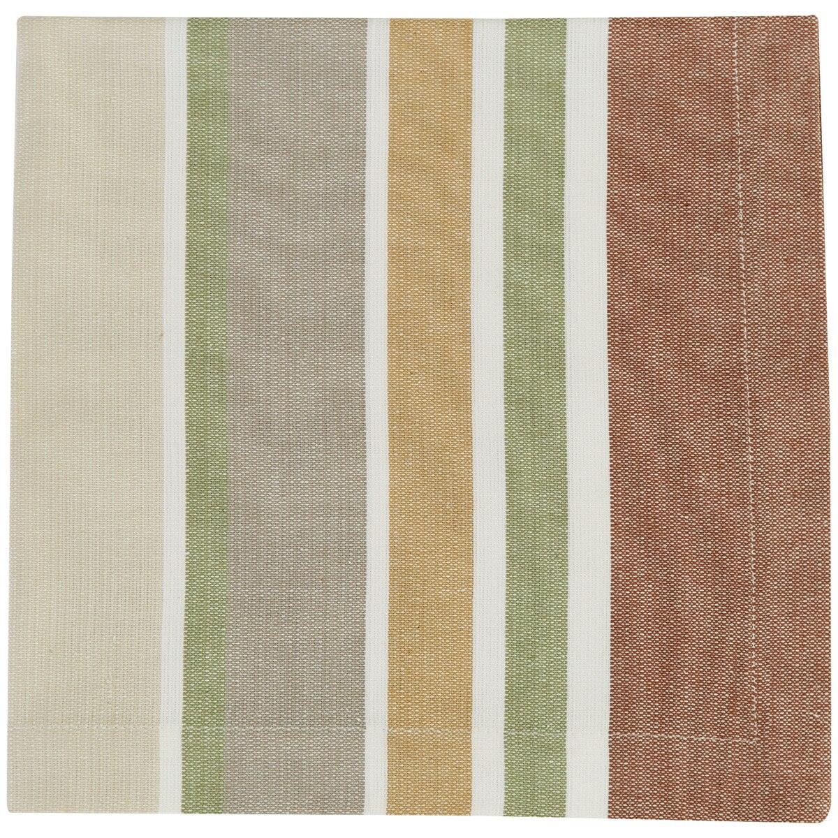 Striped fabric swatch with beige, green, white, and brown colors on a white background - Your Western Decor