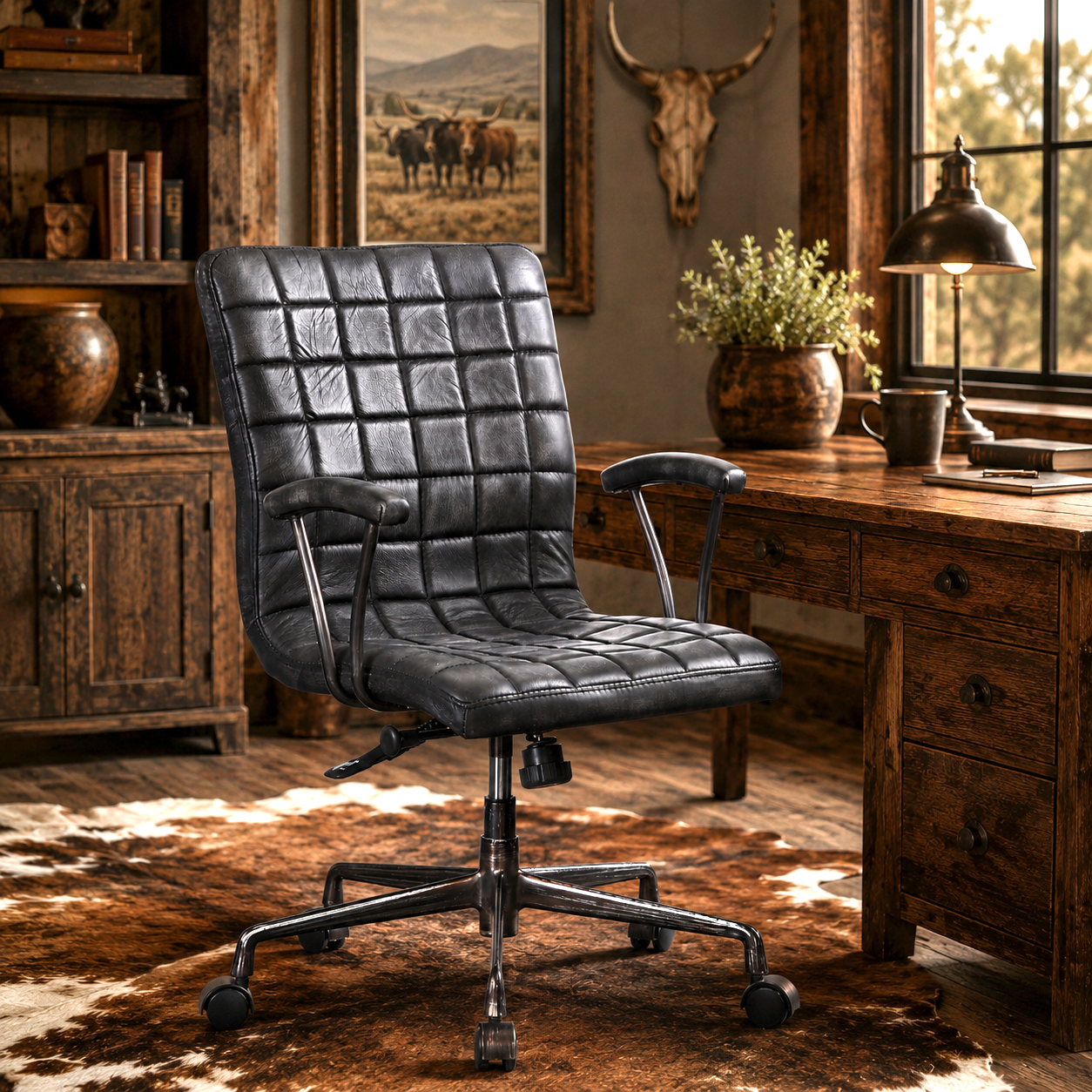 Black leather Teton office chair in a rustic office setting with wooden desk and decor.